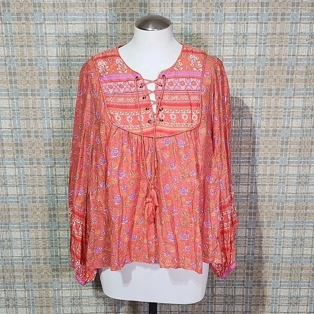 Lucky Brand Boho Peasant Top Orange Floral Embroidered Lace-Up Tassel Blouse